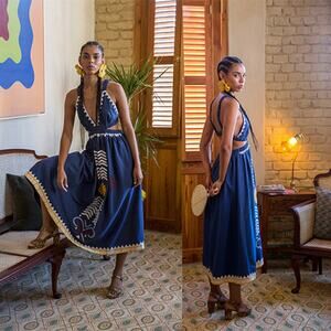 NWT Carolina K Lia Cutout Embroidered Elastic Midi Dress Navy Blue Size: XS